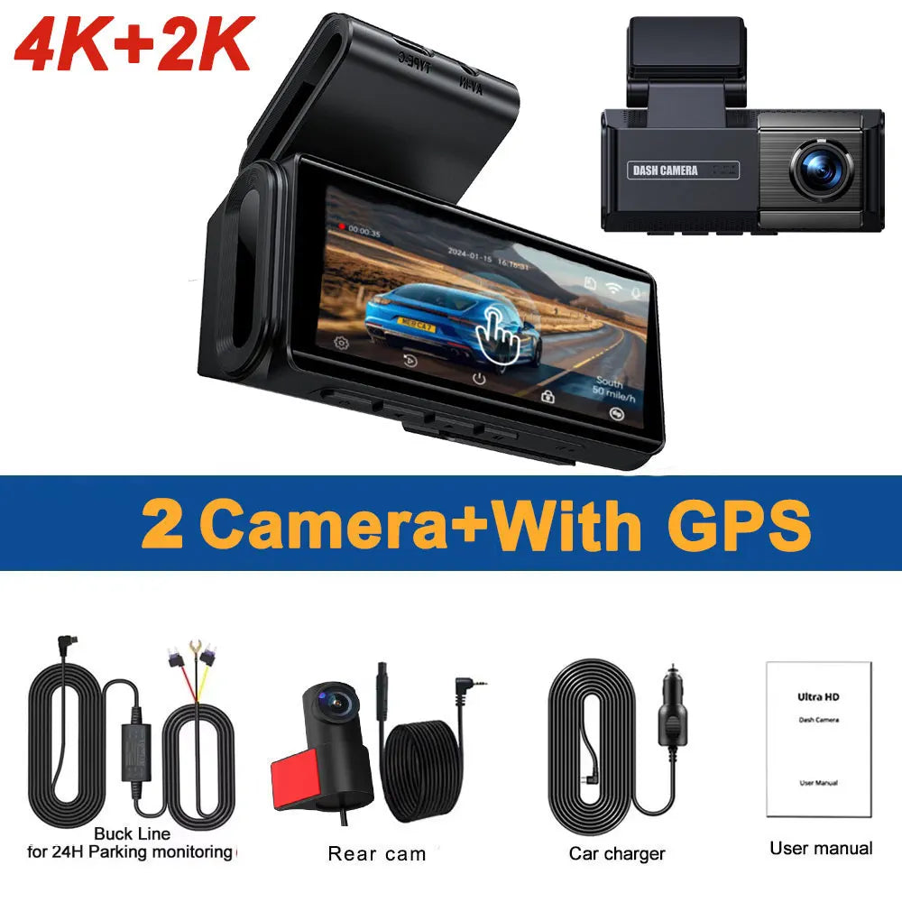 Dash Cam 4K Dual-channel Record 2K HDR 3.69'' IPS TouchScreen 24H Parking Monitor ADAS Car DVR WIFI APP 130° FOV Vehicle Recorde