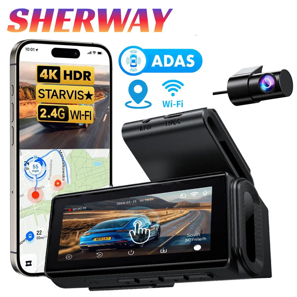 Dash Cam 4K Dual-channel Record 2K HDR 3.69'' IPS TouchScreen 24H Parking Monitor ADAS Car DVR WIFI APP 130° FOV Vehicle Recorde